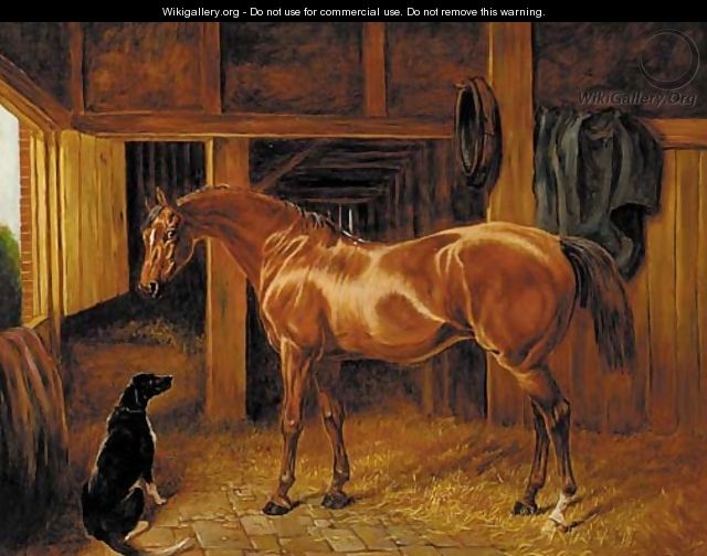 A chestnut hunter with a dog in a stable - English School
