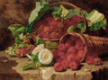 Raspberries in wicker baskets and nasturtiums on a stone ledge - Eloise Harriet Stannard