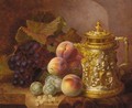 Black grapes, peaches, greengages and whitecurrants beside an ornamental gilded tankard with bacchanalian decoration - Eloise Harriet Stannard