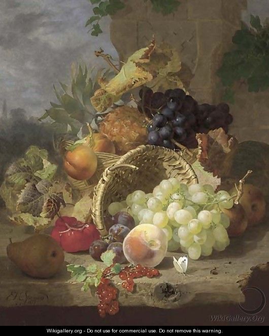 Apples, a pineapple and black grapes in a basket, beside an upturned basket with a pear, plums, redcurrants, a peach, white grapes - Eloise Harriet Stannard