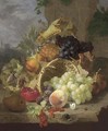 Apples, a pineapple and black grapes in a basket, beside an upturned basket with a pear, plums, redcurrants, a peach, white grapes - Eloise Harriet Stannard