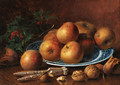 Apples on a willow-pattern plate, holly, walnuts, hazlenuts and a nutcracker - Eloise Harriet Stannard