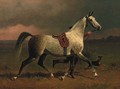 A dappled grey hunter trotting with a groom in a landscape - Emil Volkers