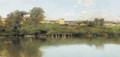 Figures in a Boat in a River Landscape with a Village beyond - Emilio Sanchez-Perrier