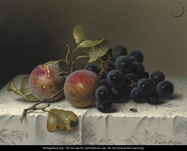 Prunes and grapes on a damast tablecloth - Emilie Preyer