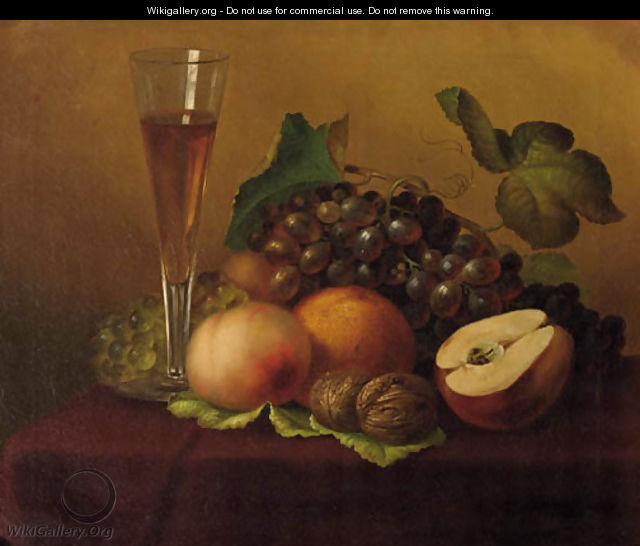 An autumn still life with grapes, walnuts, a glas of wine and a pear - Emilie Preyer