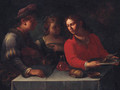 Three figures at a table with a bowl of pulses, a flask of wine, a knife, bread and a bowl - Emilian School