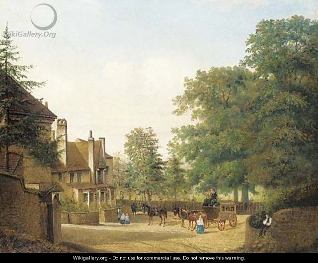 A horse-drawn carriage arriving at the Barley Mow Inn - English Provincial School