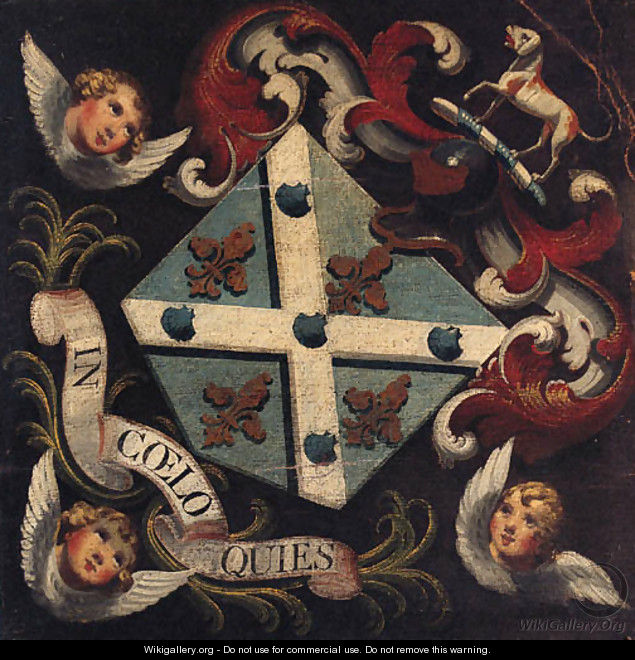 A Hatchment comprising a Coat of Arms with the motto IN COELO QUIES supported by three Seraphim - English Provincial School