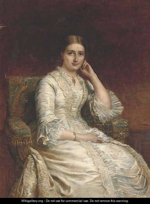 Portrait of a lady, seated three-quarter-length, in a white dress, in a panelled interior - Edwin Longsden Long