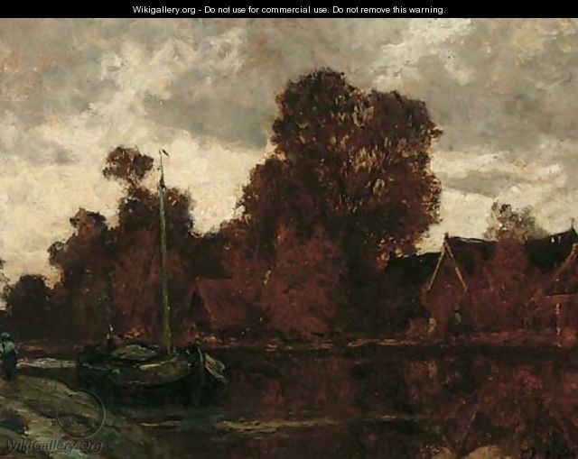 A sailing barge moored on a bend in a river - Egbert Rubertus Deck Schaap
