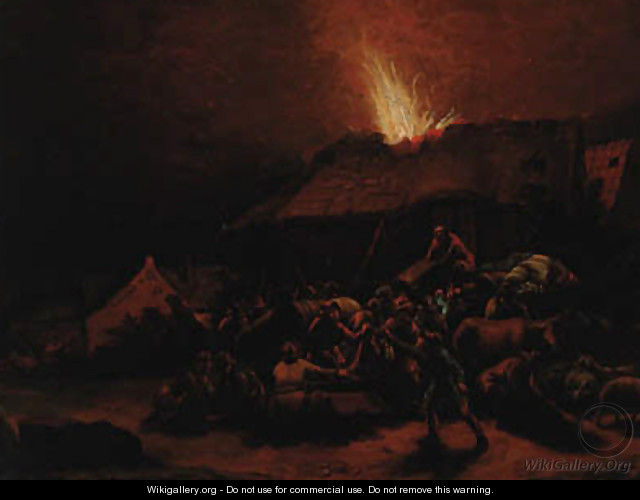 A night scene with soldiers looting a village - Egbert van der Poel
