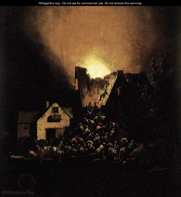 A house on fire at night with peasants coming to rescue - Egbert van der Poel