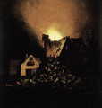 A house on fire at night with peasants coming to rescue - Egbert van der Poel