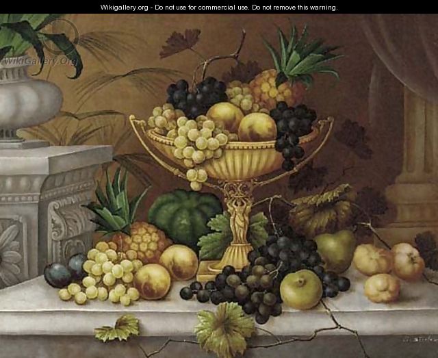 Still Life of grapes, peaches and a pineapple in an ewer on a ledge surounded by other fruit - Edwin Steele