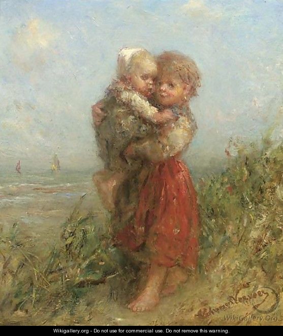 A girl holding a baby in the dunes - Elchanon Verveer