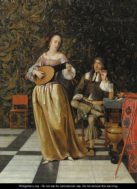 A lady playing a lute with a gentleman seated at a table in an interior - Eglon van der Neer