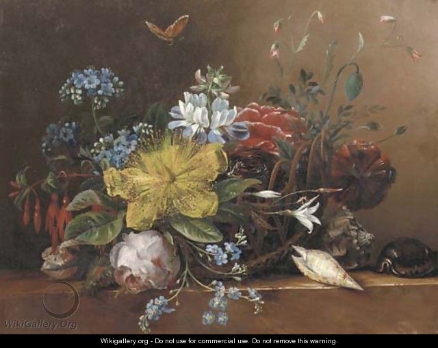 Flowers in a basket with shells on a ledge - Elisabeth Johanna Koning