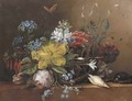 Flowers in a basket with shells on a ledge - Elisabeth Johanna Koning