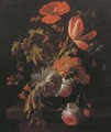 A still life with tulips, roses, poppies and other flowers in a vase on a wooden ledge - Elias van den Broeck