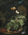 A forest floor still life with a bird's nest, toadstools, snails, blackberries, Tortoiseshell, Aurora, and Common Blue butterflies - Elias van den Broeck