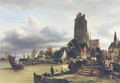 A view of Dordrecht harbour with the Grote Kerk in the background - Elias Pieter van Bommel