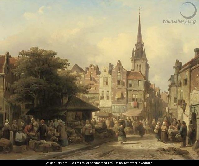 A busy market on a sunny day - Elias Pieter van Bommel