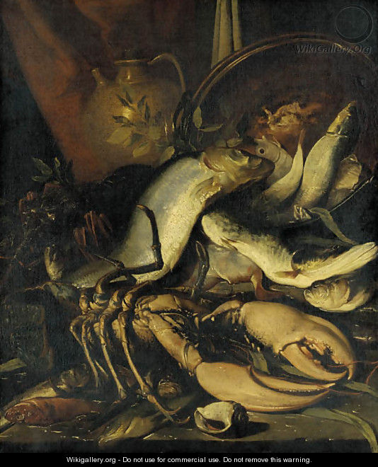 A lobster, cod and other fish with a copper urn and a jug on a stone ledge with a seashell - Elena Recco