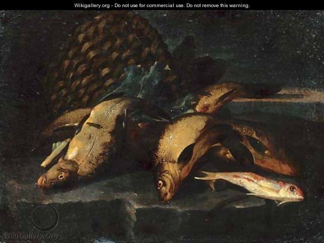 A catch of fish by a panier on a stone ledge - Elena Recco