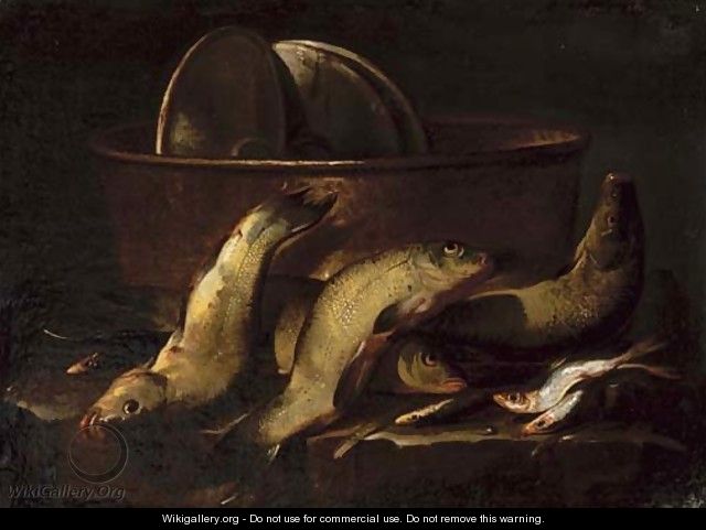A catch of fish by a copper cauldron on a stone ledge - Elena Recco