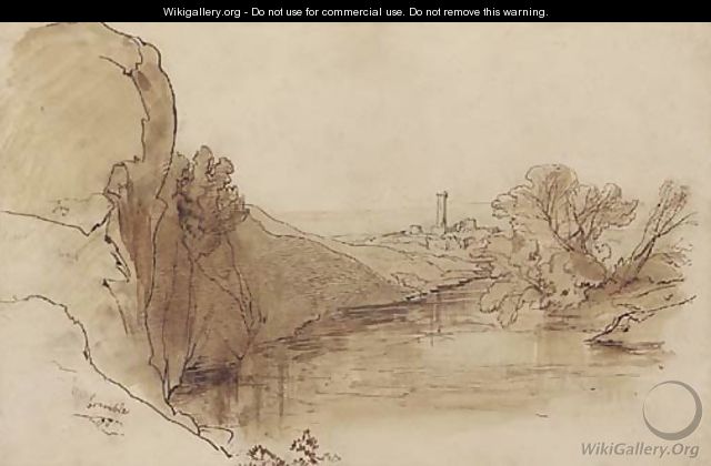 A ruined tower in a river landscape - Edward Lear