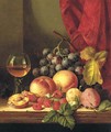 Still life with plums, peaches, black grapes, raspberries, and a roemer - Edward Ladell