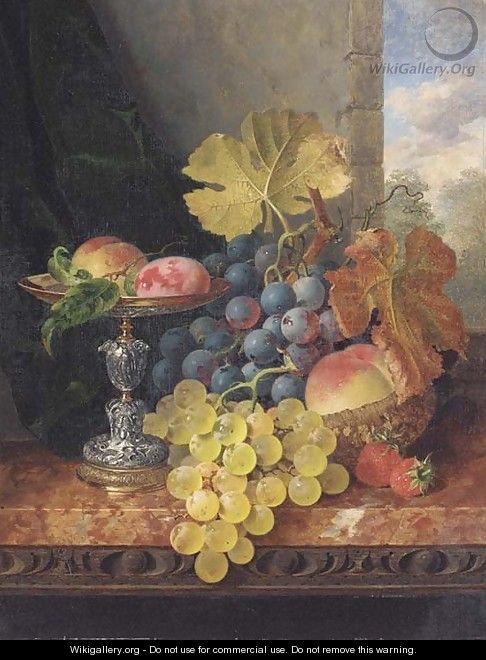 Still life with plums in a silver tazza, a peach, black and white grapes in a basket, and strawberries on a marble ledge - Edward Ladell