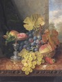 Still life with plums in a silver tazza, a peach, black and white grapes in a basket, and strawberries on a marble ledge - Edward Ladell