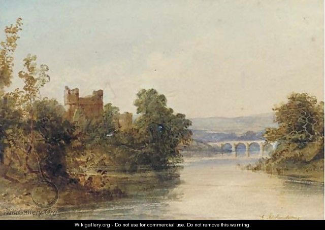 Castle ruins on the banks of a river, a bridge beyond - Edward M. Richardson