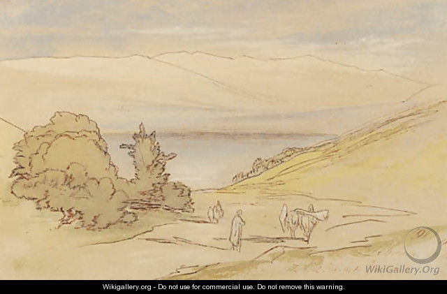 View of Lebanon, with a muleteer in the foreground and an extensive lake view beyond - Edward Lear