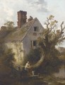 Children before a riverside cottage - Edward Robert Smythe