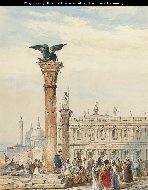 Figures congregating below the Lion Column, on the Piazzetta, Venice - Edward Pritchett