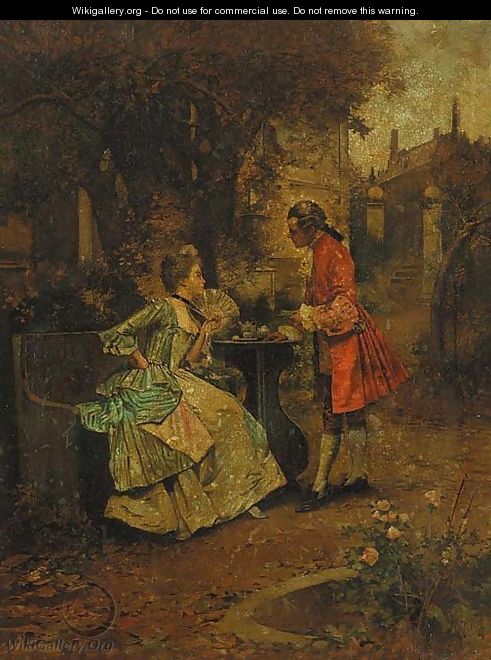 An Elegant Couple Having Tea in a Landscape - Edward Percy Moran