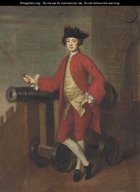 Portrait of an officer, small full-length, on a battlement, resting his arm on a canon - Edward Penny
