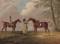 Two gentlemen with their hunters, in an extensive landscape - Edwin Cooper