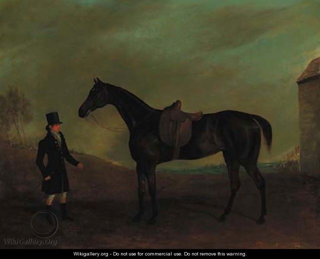 A side-saddled bay hunter with a groom in a landscape - Edwin Cooper