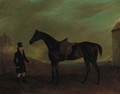 A side-saddled bay hunter with a groom in a landscape - Edwin Cooper