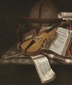 A vanitas still life with a violin, a recorder, books, a scroll and music with a globe on a marble ledge - Edwart Collier