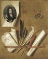 A trompe l'oeil still life of an engraving of King Charles II, newspapers, feathers, a compass, a sealing wax stick, a scroll and a pair of glasses - Edwart Collier
