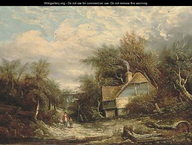 Figures by a cottage, in a woodland landscape - Edward Williams