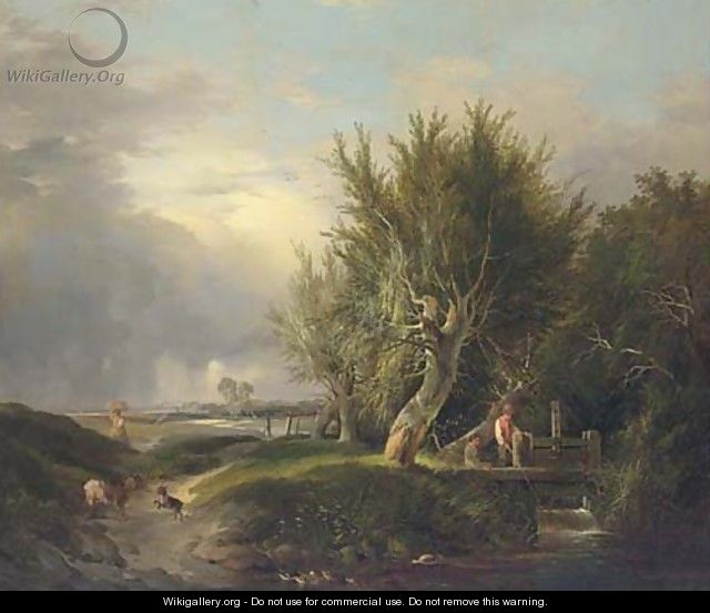 Boys fishing by a stream - Edward Williams