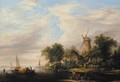 A river estuary with a windmill and cottages, boats in the foreground and cattle watering at the river edge - Edward Williams