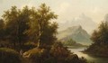 A figure by a lake with a church and mountains beyond; and A figure by a chalet in an Alpine landscape - Eduard Boehm