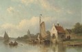 A river landscape with fishermen in their boats - Eduard Alexander Hilverdink